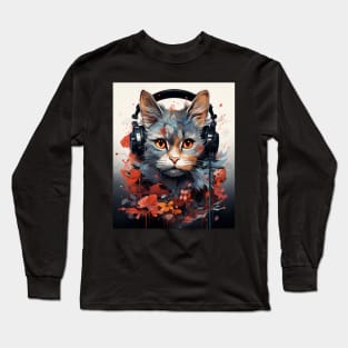 Cat Music Lovers- Music in Japanese Kanji Cat in Headphones Long Sleeve T-Shirt